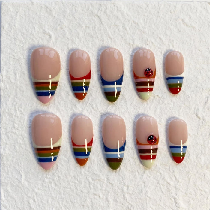 Retro Multicolored Striped French Tip Press On Nails With Ladybug Accents
