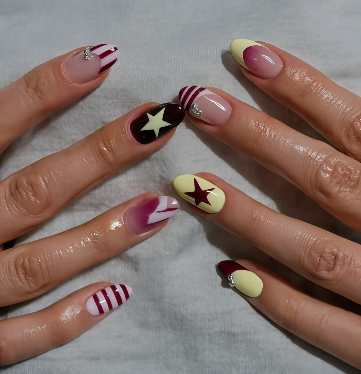 Retro Pink and Burgundy Star & Stripe Press On Nails with Pale Yellow Accents