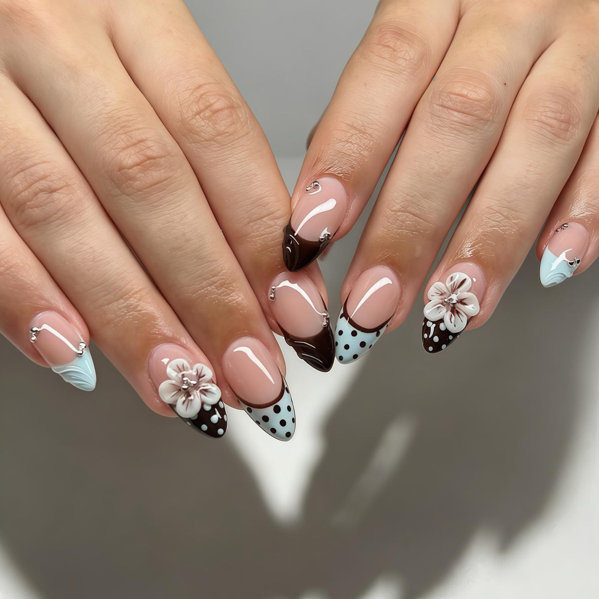 Retro Polka Dot French Tip Press-On Nails with 3D White Flowers and Silver Beads