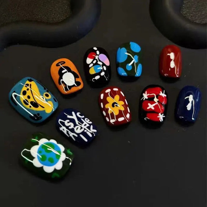 Retro Psychedelic Abstract Press On Nails in Black and Bright Colors