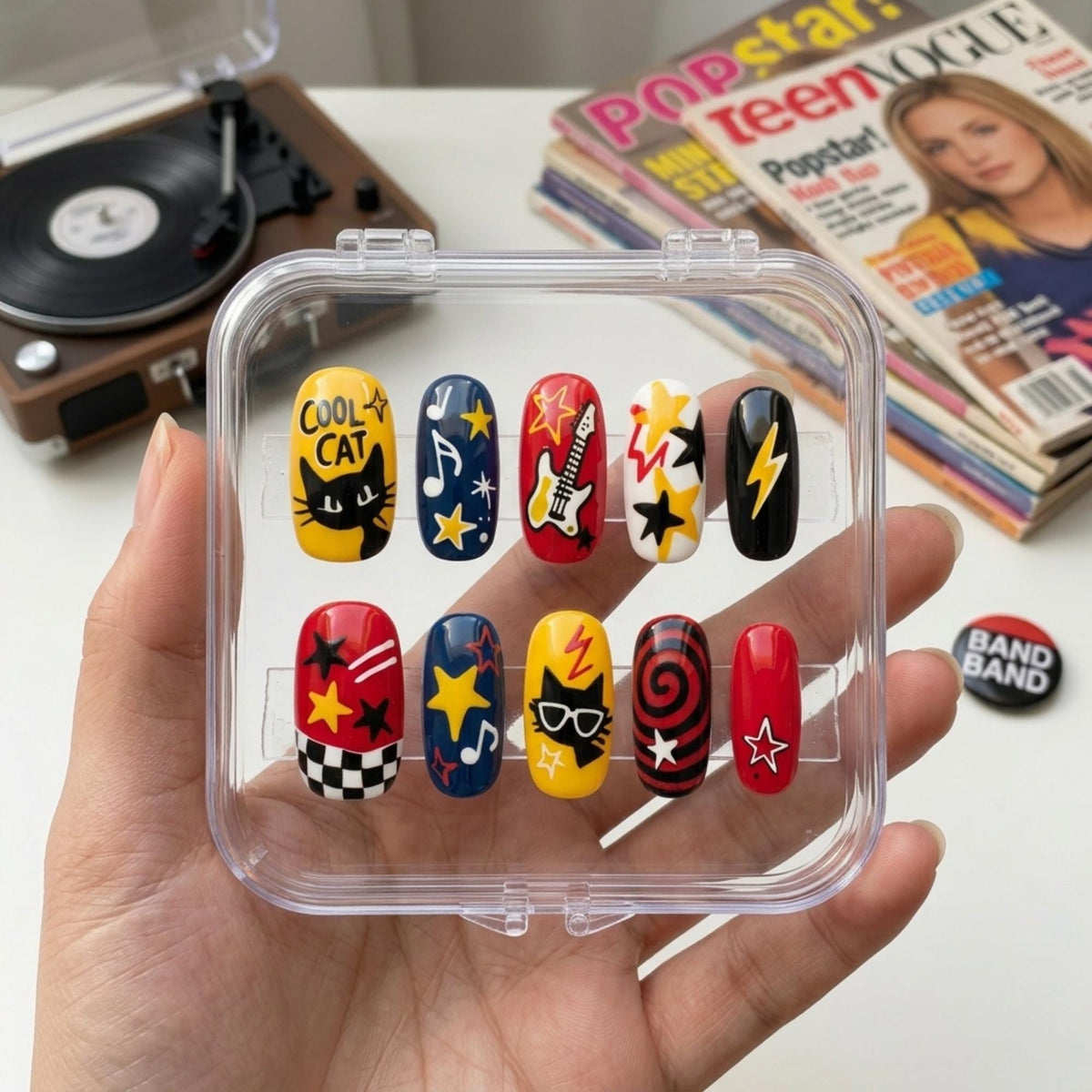Retro Rock and Roll Pop Art Nails With Guitars, Stars and Checkerboard