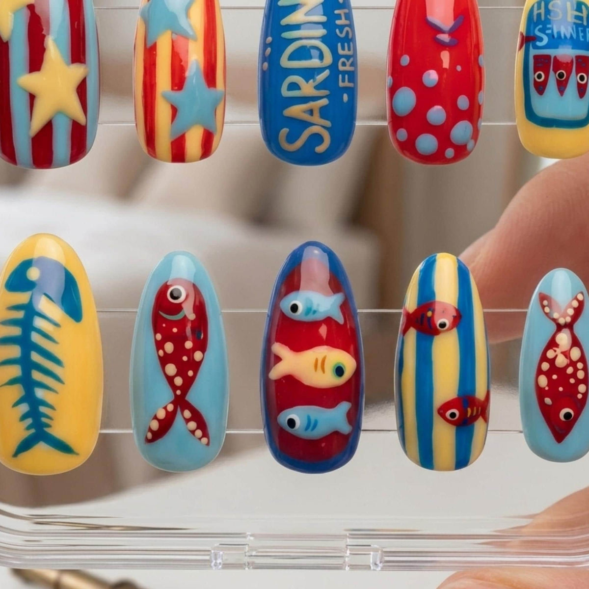Retro Sardine Tin Nails With Stripes, Stars and Raised Fish Details