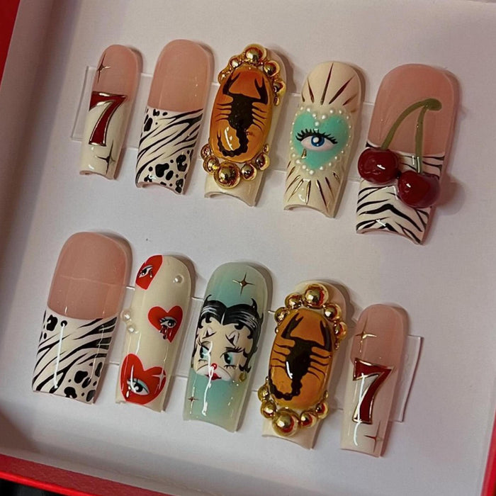 Retro Western Zebra Press-On Nails with Scorpion Charms, Eye Art and Red Cherries