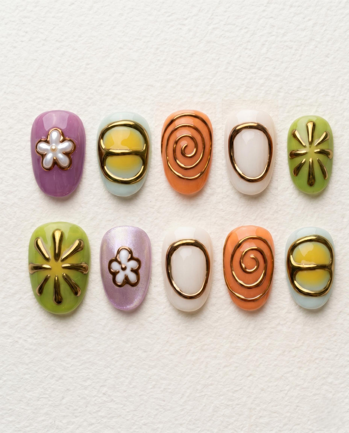 Retro Y2K Floral and Abstract Nail Set in Lavender, Lime, Orange, and Pastel Colors