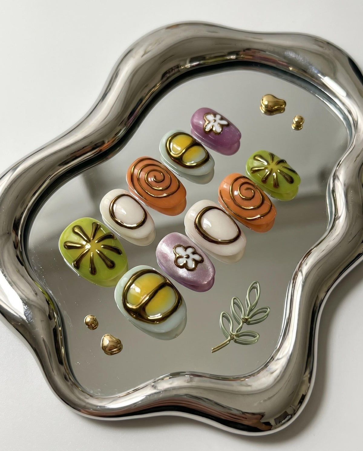Retro Y2K Floral and Abstract Nail Set in Lavender, Lime, Orange, and Pastel Colors