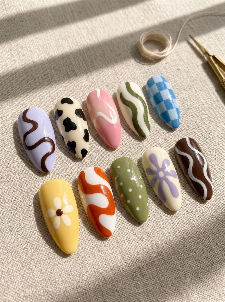 Retro Y2K Press On Nails with Pastel Waves, Cow Spots, Daisies and Checkerboard