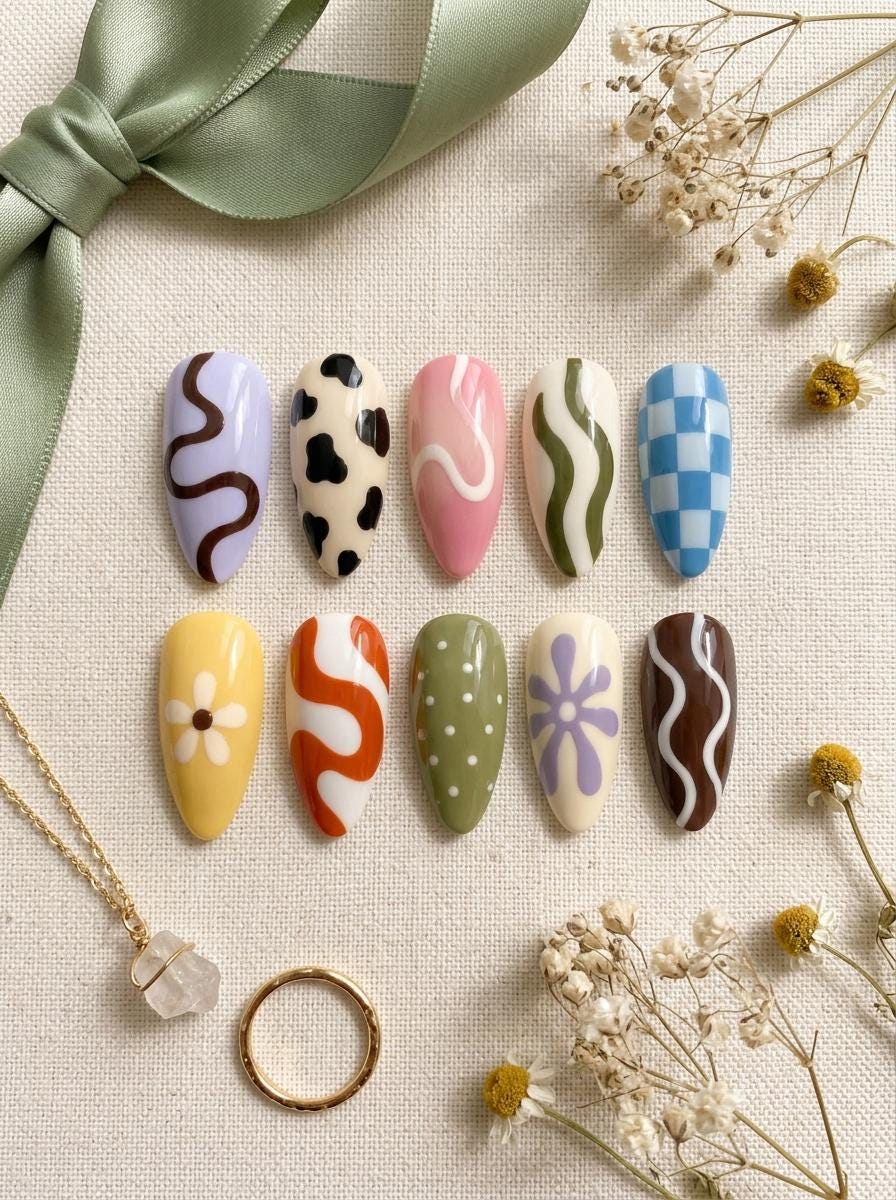 Retro Y2K Press On Nails with Pastel Waves, Cow Spots, Daisies and Checkerboard