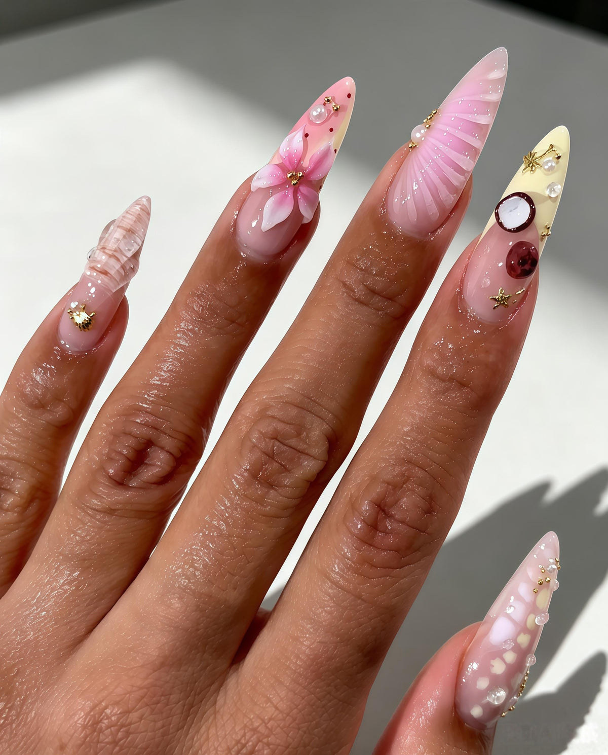 Romantic Ocean-Inspired Pink Nails with 3D Flowers, Shell Details and Gold Charms