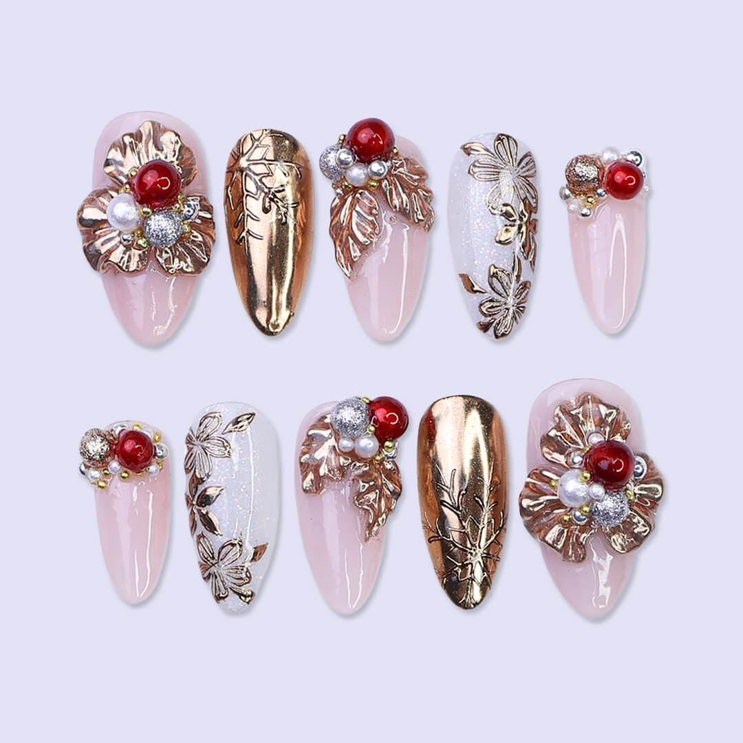 Rose Gold Floral and Pearl Christmas Press On Nails