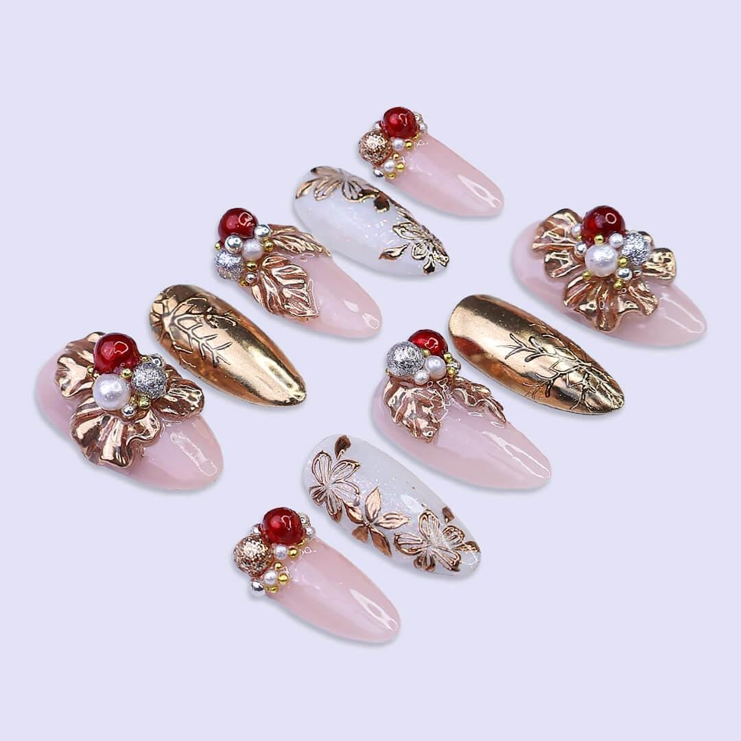Rose Gold Floral and Pearl Christmas Press On Nails