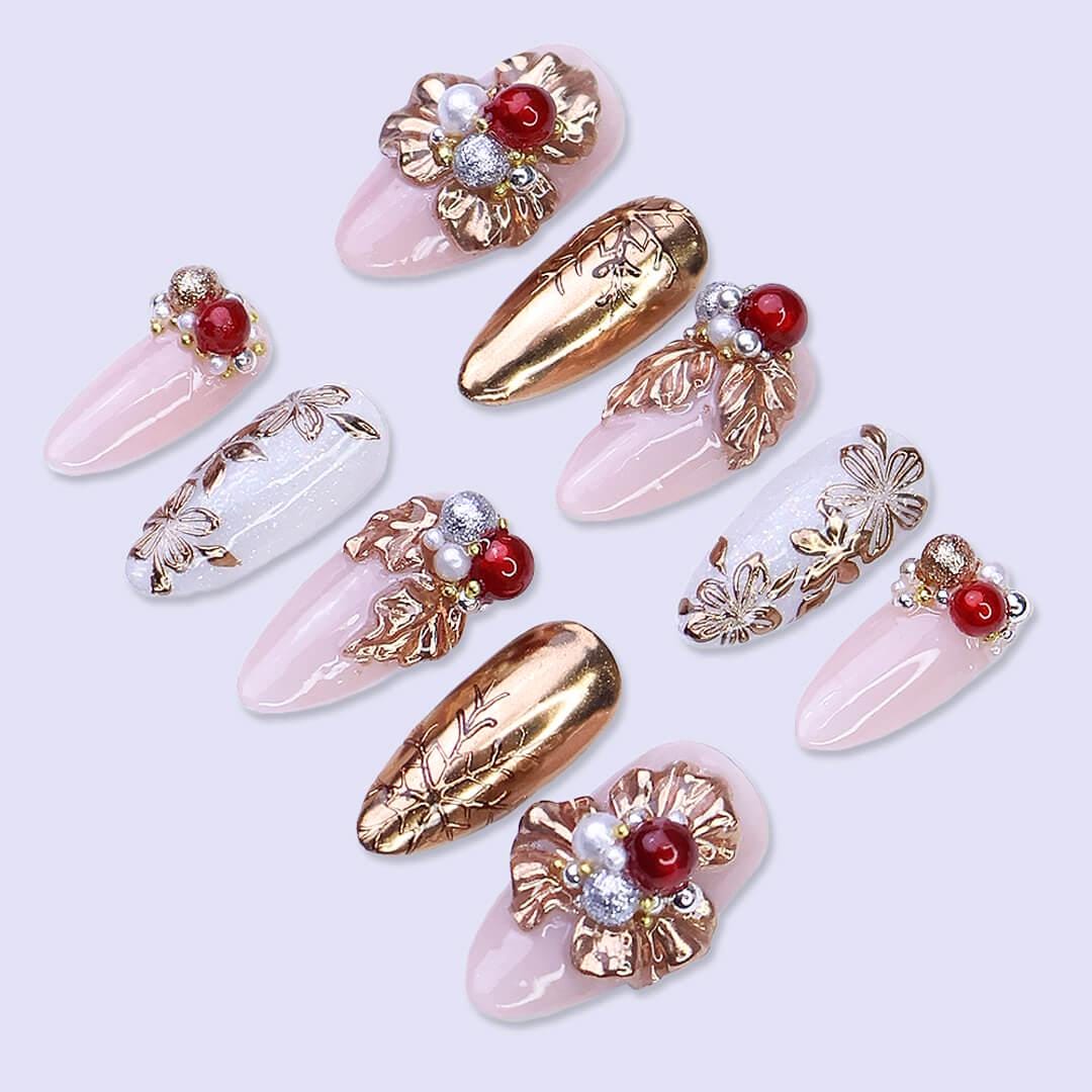 Rose Gold Floral and Pearl Christmas Press On Nails