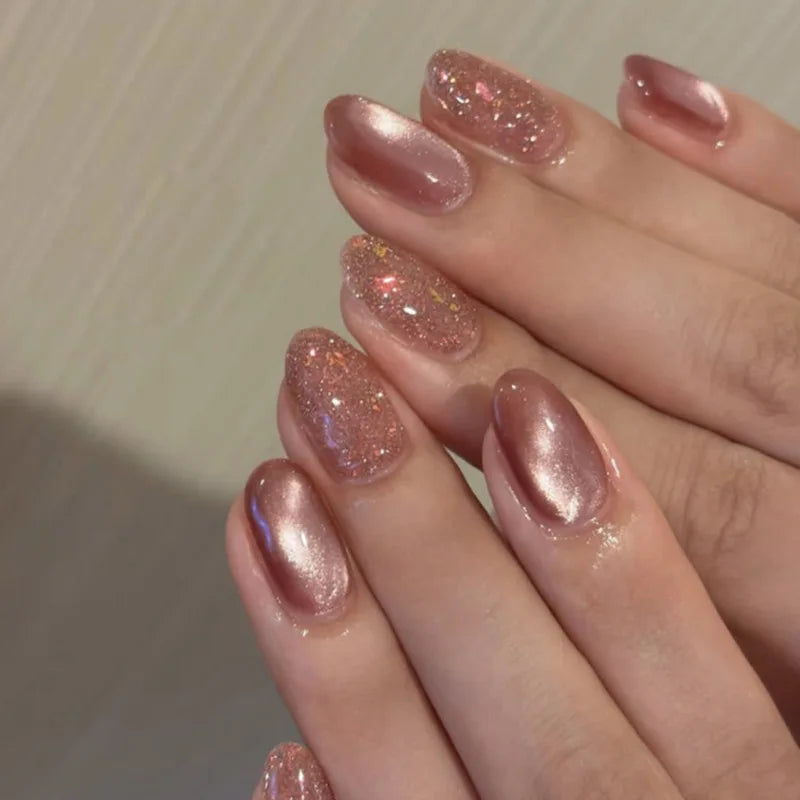Rose Pink Chrome Cat Eye Press-On Nail Set With Multicolor Glitter