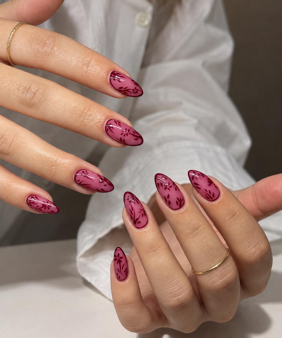 Rosy Burgundy Floral Press On Nails