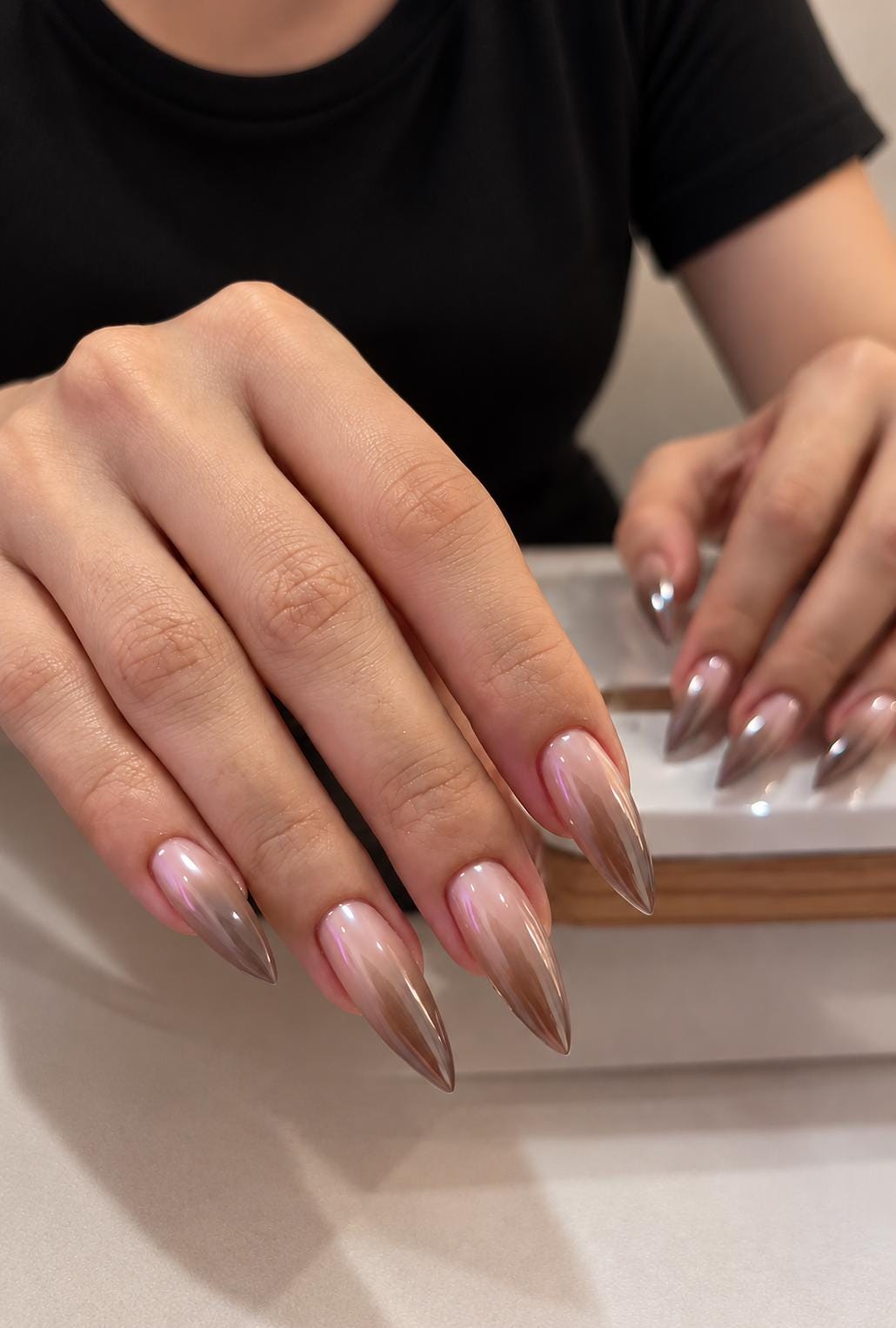 Rosy Nude and Chocolate Brown Ombré Chrome Nail Set