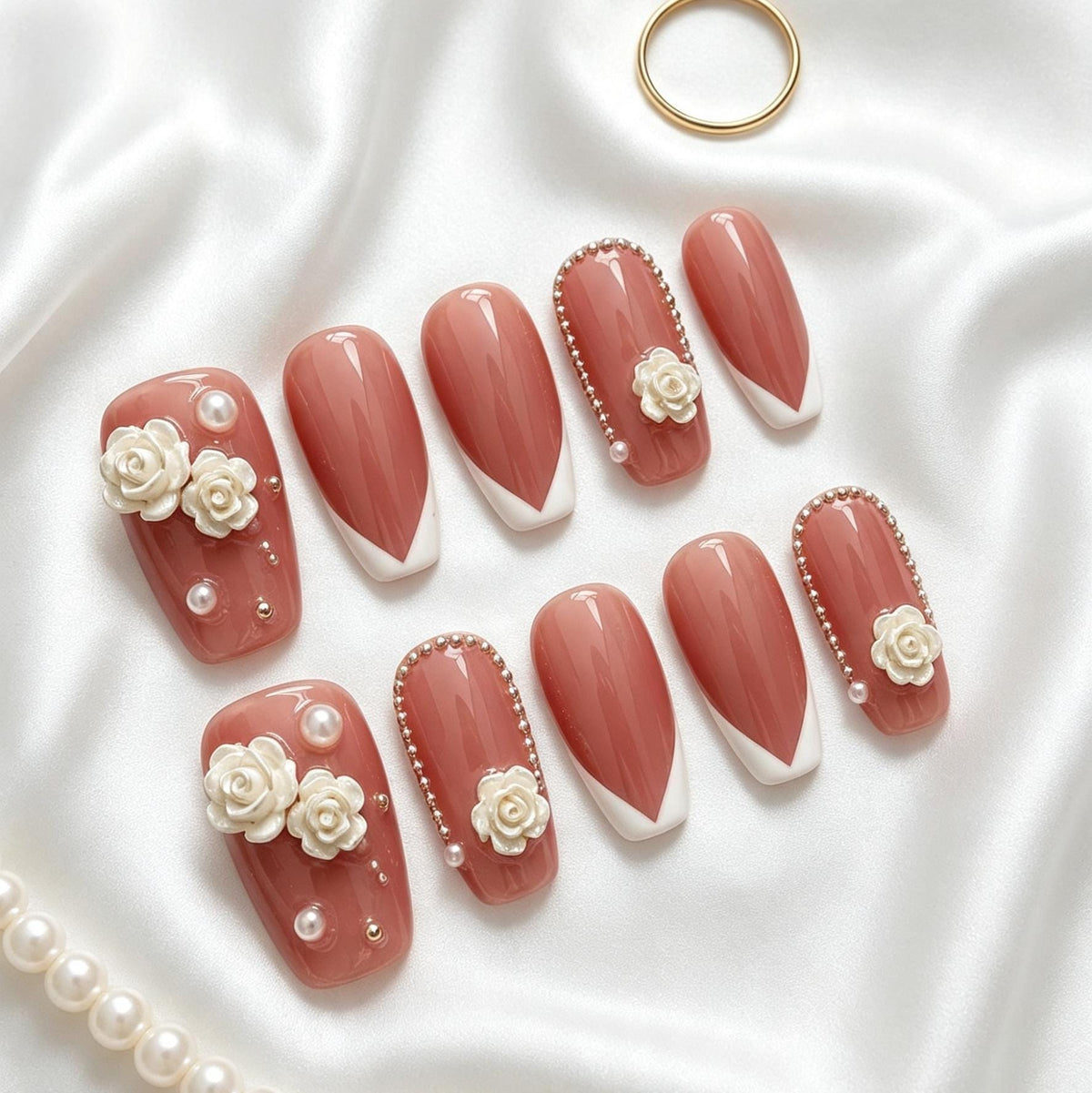 Rosy Nude Pink French Tip Press-On Nails With 3D White Roses for Weddings and Parties