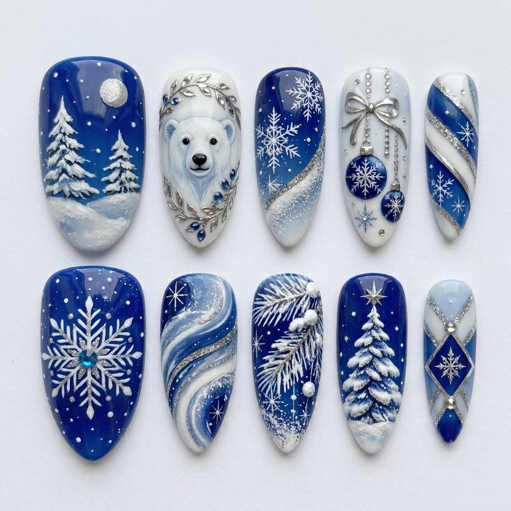 Royal Blue Polar Bear Winter Nails With Snowflakes and Silver Details