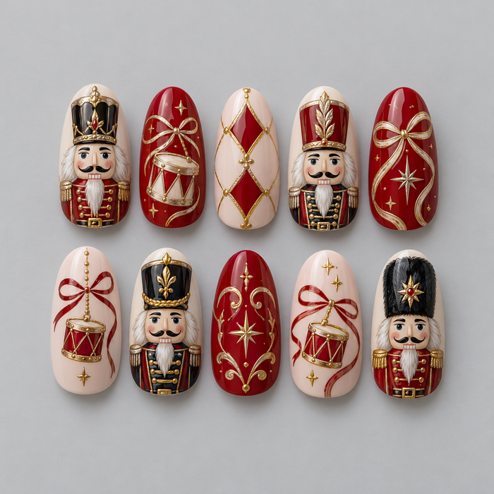 Ruby and Cream Nutcracker Press On Nails with Gold Bows, Drums, and Stars