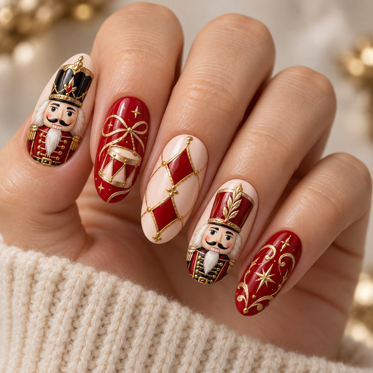 Ruby and Cream Nutcracker Nails with Gold Bows, Drums, and Stars worn on hand