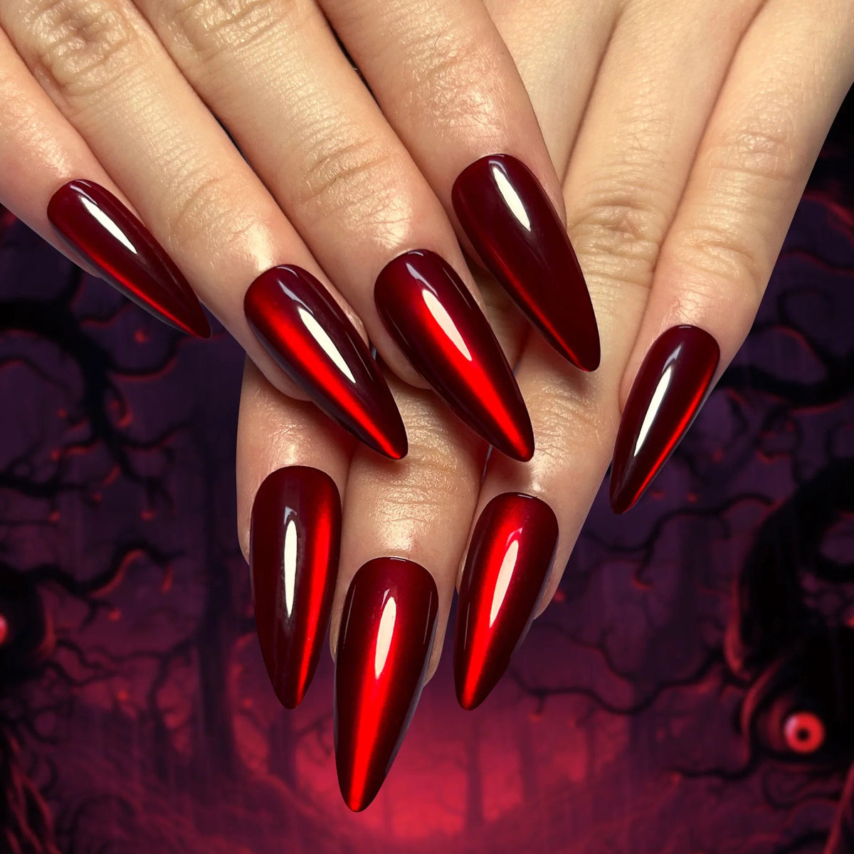 Ruby Burgundy Cat Eye Chrome Press On Nails