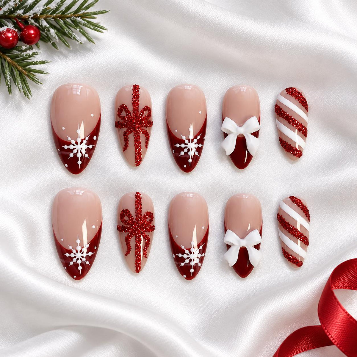 Ruby Red Christmas French Tip Nails With Snowflakes, Glitter Bows and Candy Cane Stripes