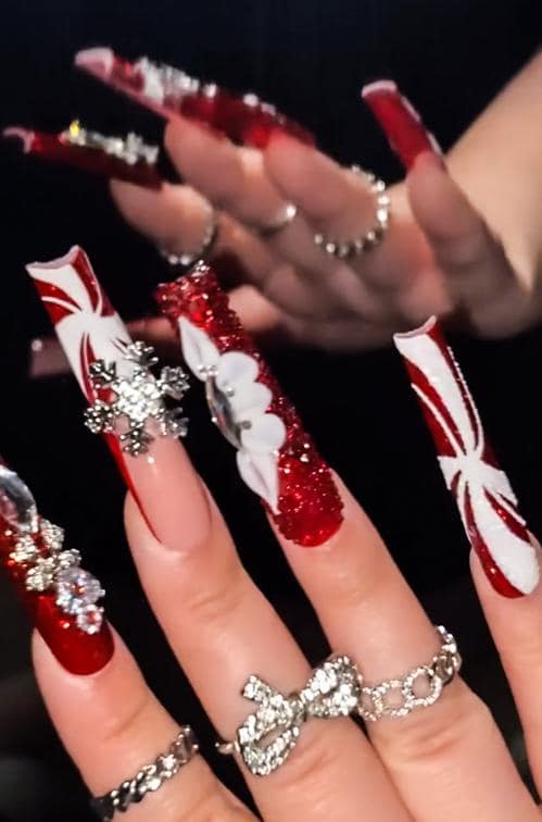 Ruby Red Glitter Snowflake Press On Nails With Candy Cane Stripes and Rhinestones
