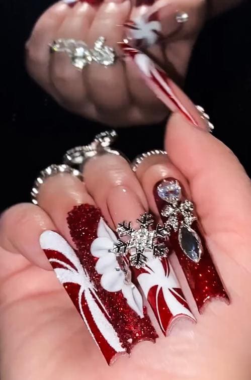 Ruby Red Glitter Snowflake Press On Nails With Candy Cane Stripes and Rhinestones