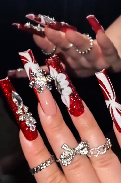 Ruby Red Glitter Snowflake Press On Nails With Candy Cane Stripes and Rhinestones
