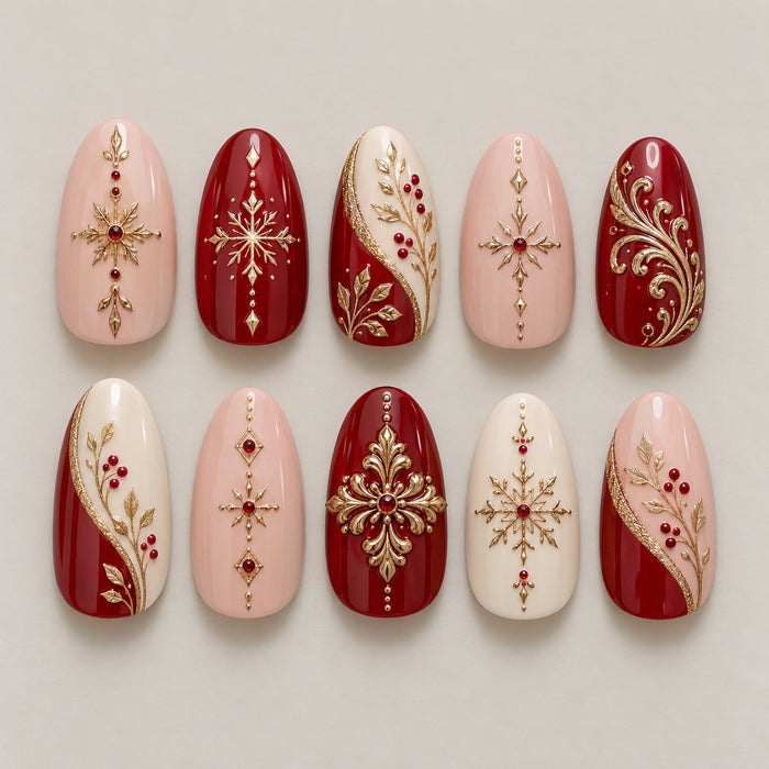 Ruby Red, Pale Pink & Ivory Nails With Gold Winter Filigree