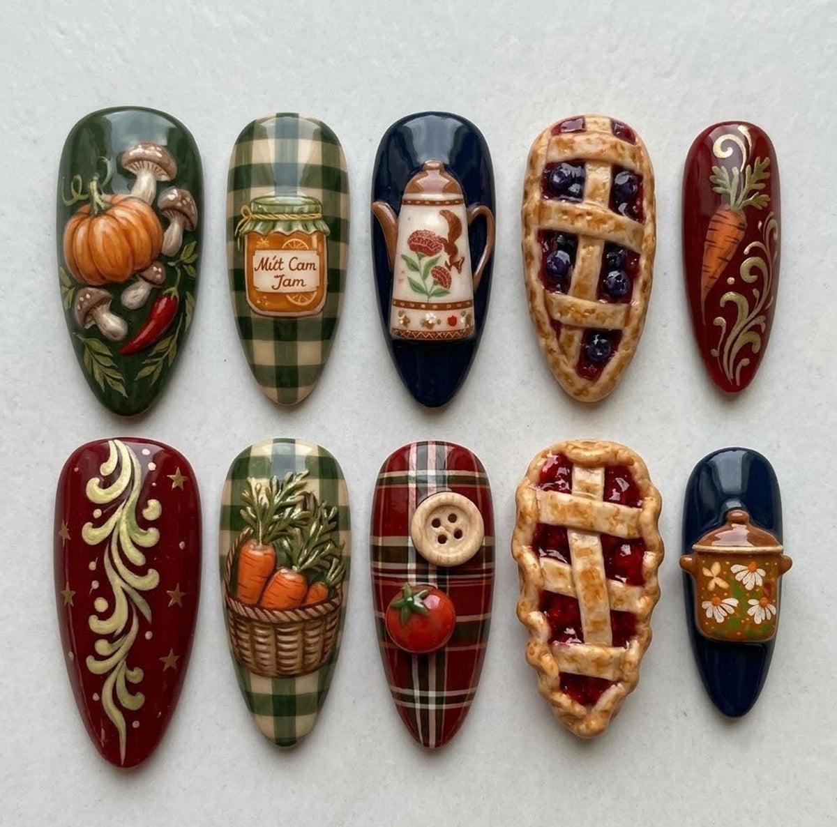 Rustic Fall Harvest Press-On Nails with Plaid, Pumpkins, Teapots and 3D Lattice Pies