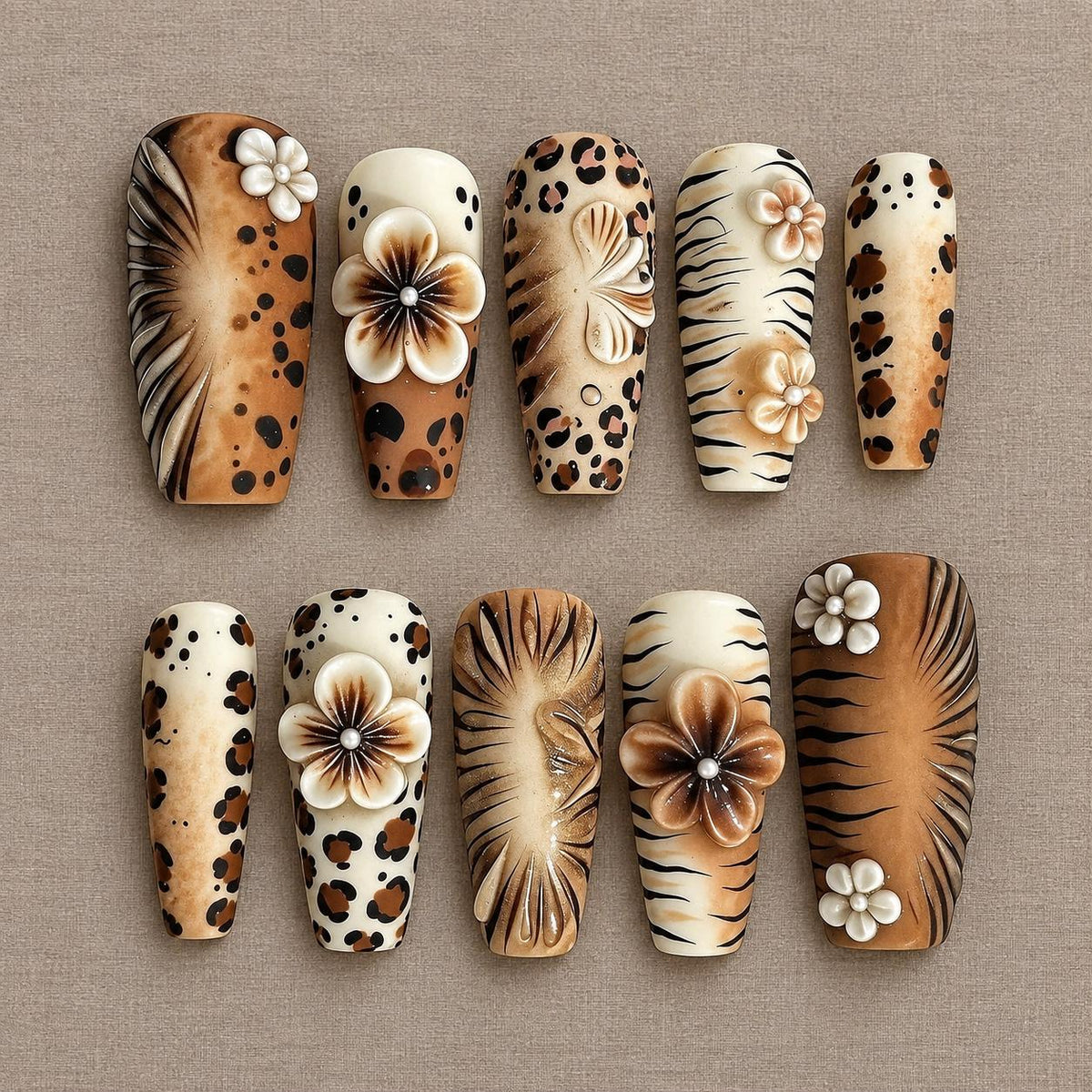 Safari Animal Print Nails With 3D Sculpted Flowers in Warm Brown and Cream