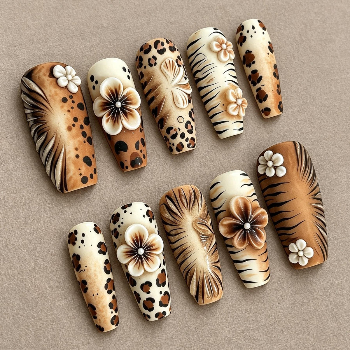 Safari Animal Print Nails With 3D Sculpted Flowers in Warm Brown and Cream