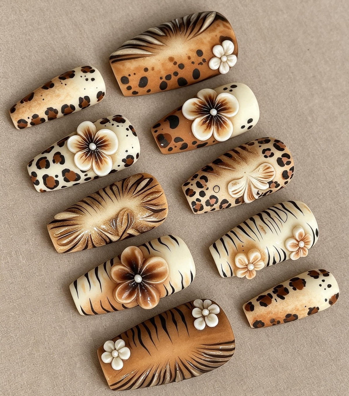 Safari Animal Print Nails With 3D Sculpted Flowers in Warm Brown and Cream