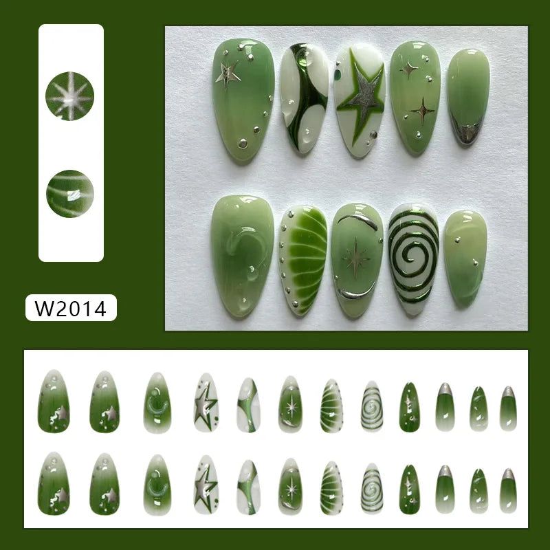 Sage and Olive Green Star Swirl Press On Nails