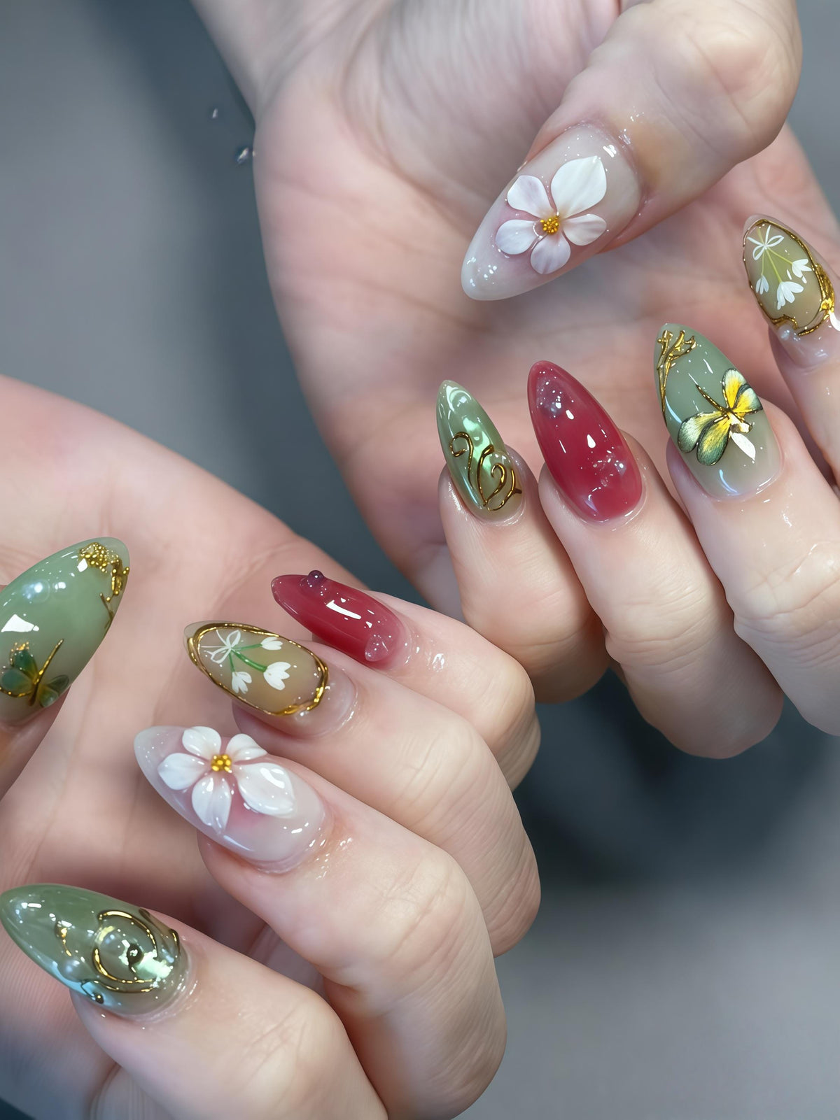 Sage Green and Berry Floral Nails with Sculpted Flowers and Gold Foil