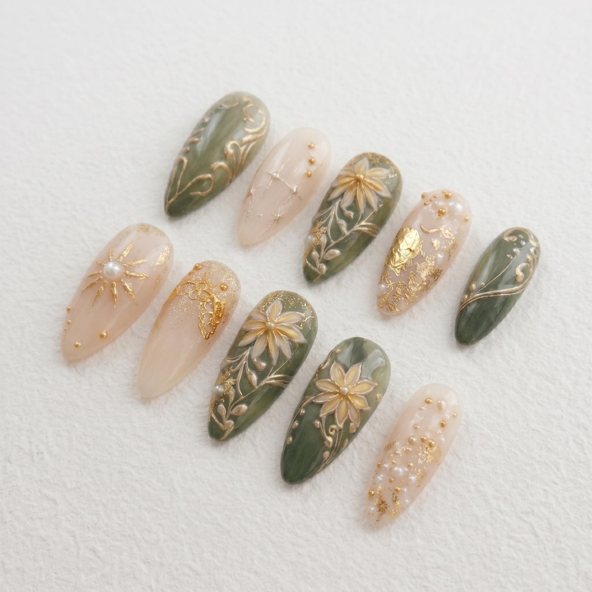 Sage Green and Blush Baroque Floral Bridal Press On Nails with Gold Details
