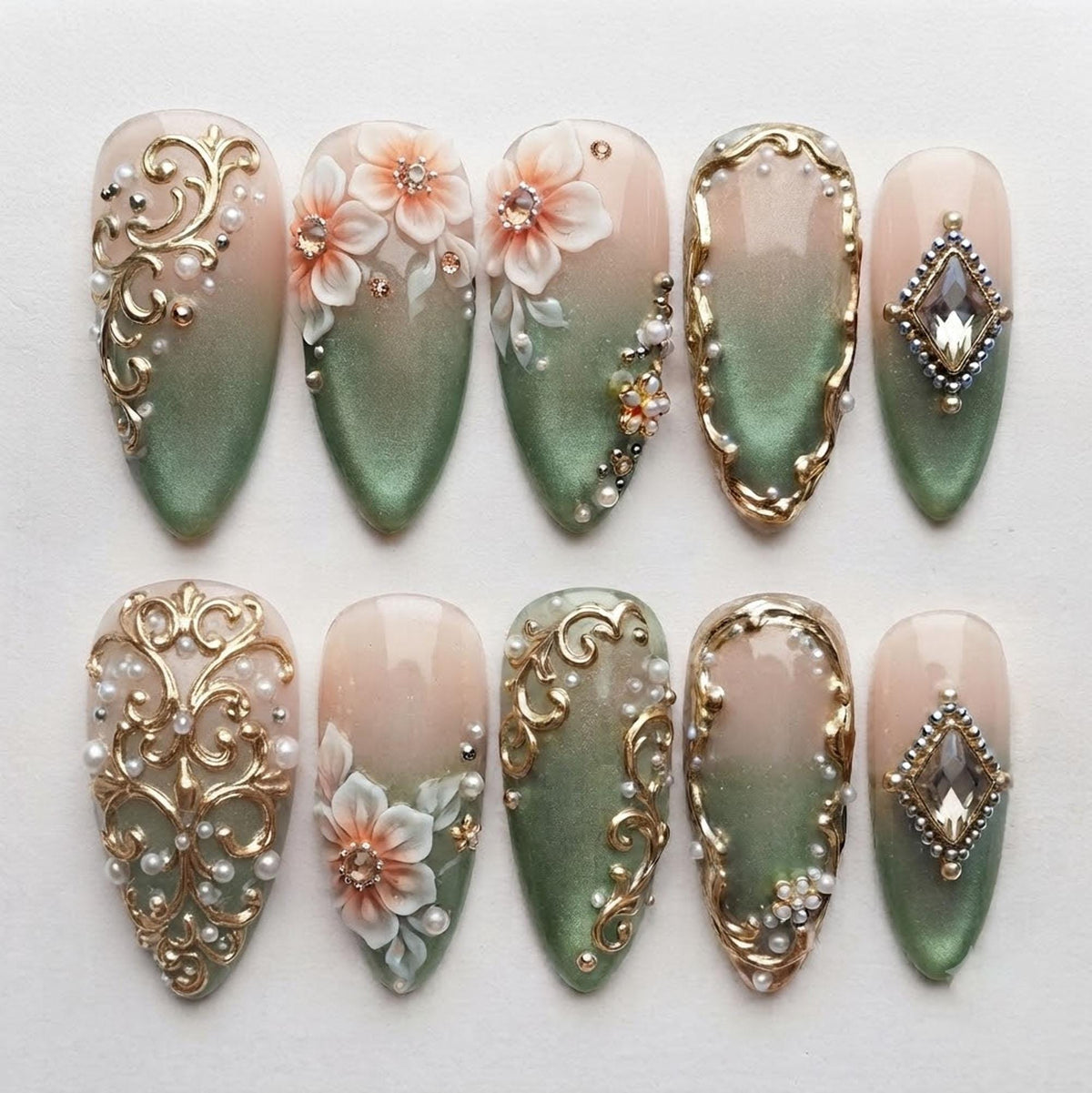 Sage Green and Blush Floral Bridal Press On Nails with Pearls and Gold Filigree