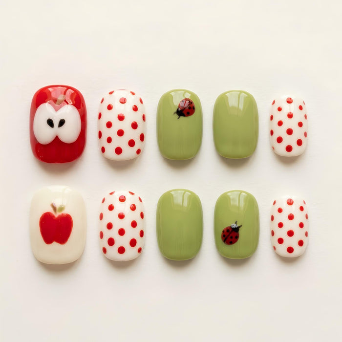 Sage Green and Cream Apple Ladybug Polka Dot Press On Nail Set