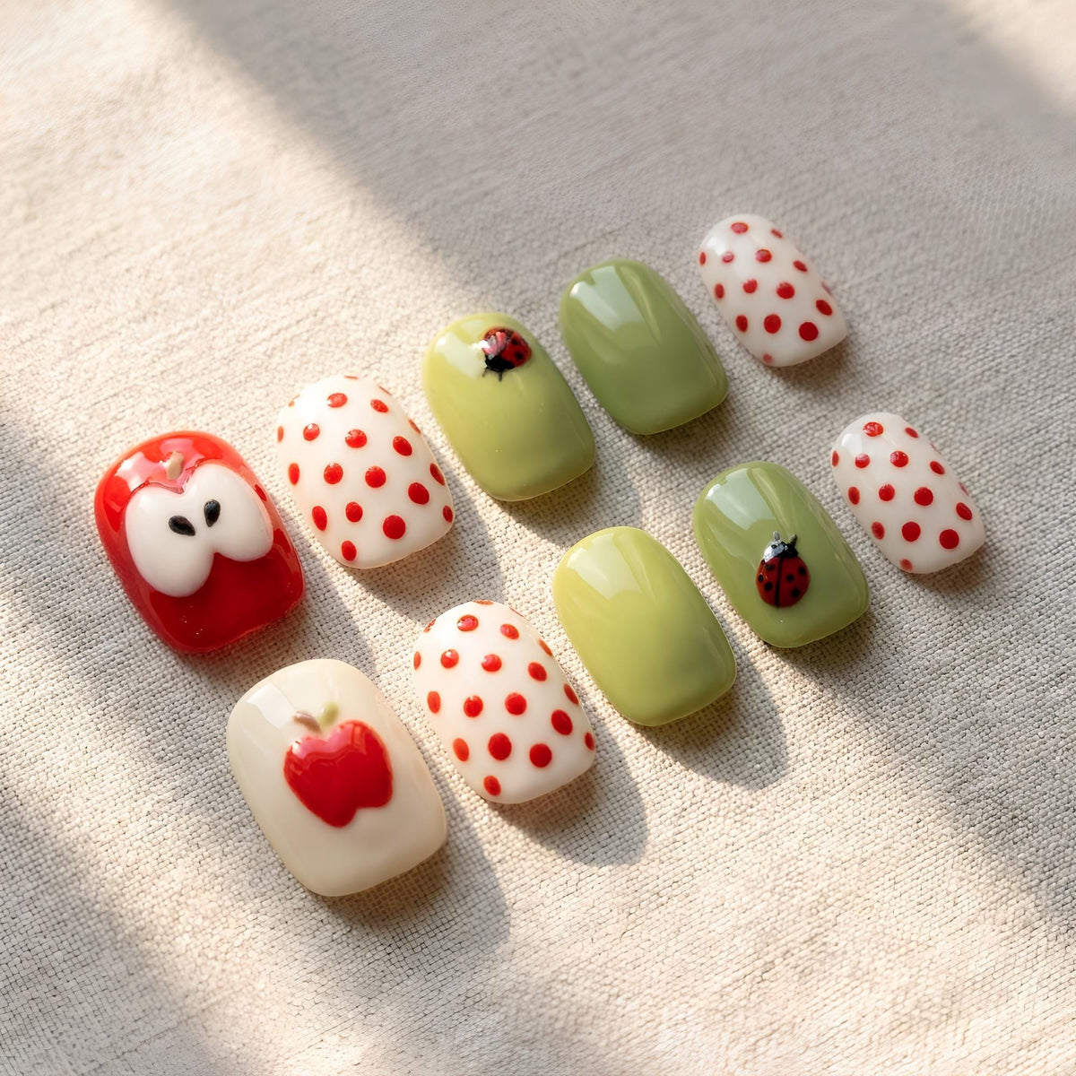 Sage Green and Cream Apple Ladybug Polka Dot Nail Set