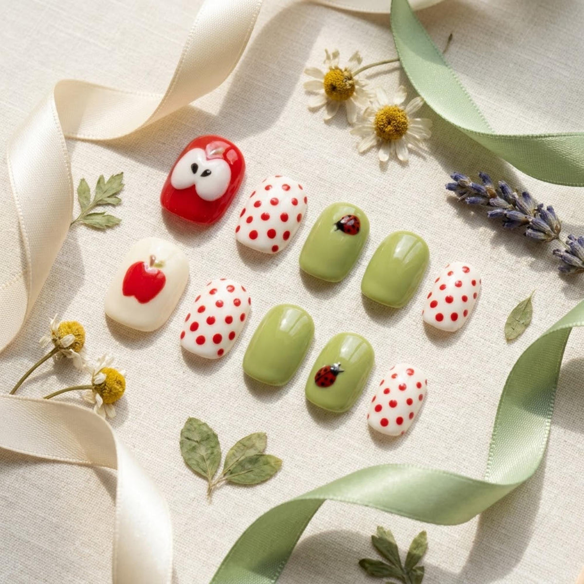 Sage Green and Cream Apple Ladybug Polka Dot Nail Set