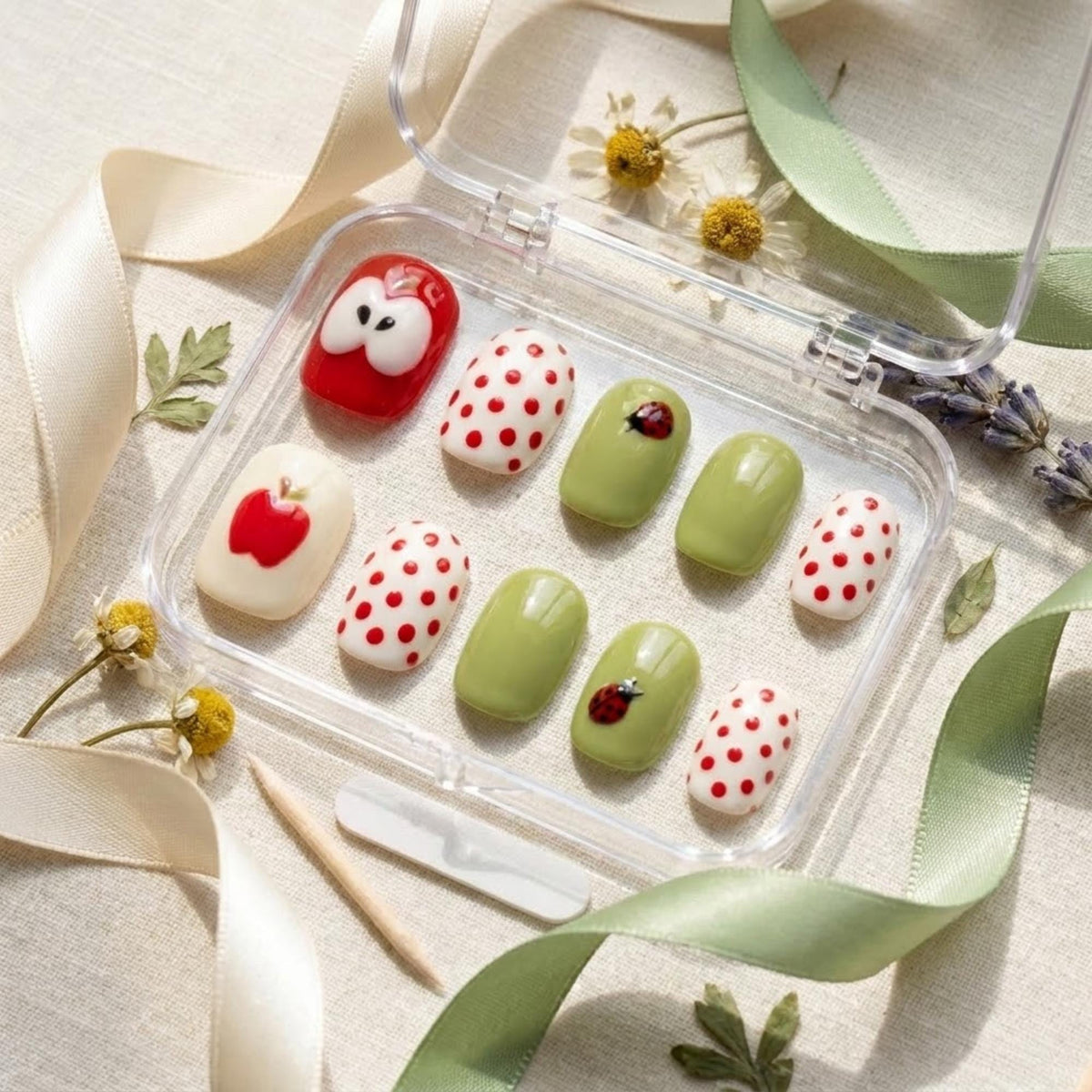 Sage Green and Cream Apple Ladybug Polka Dot Nail Set