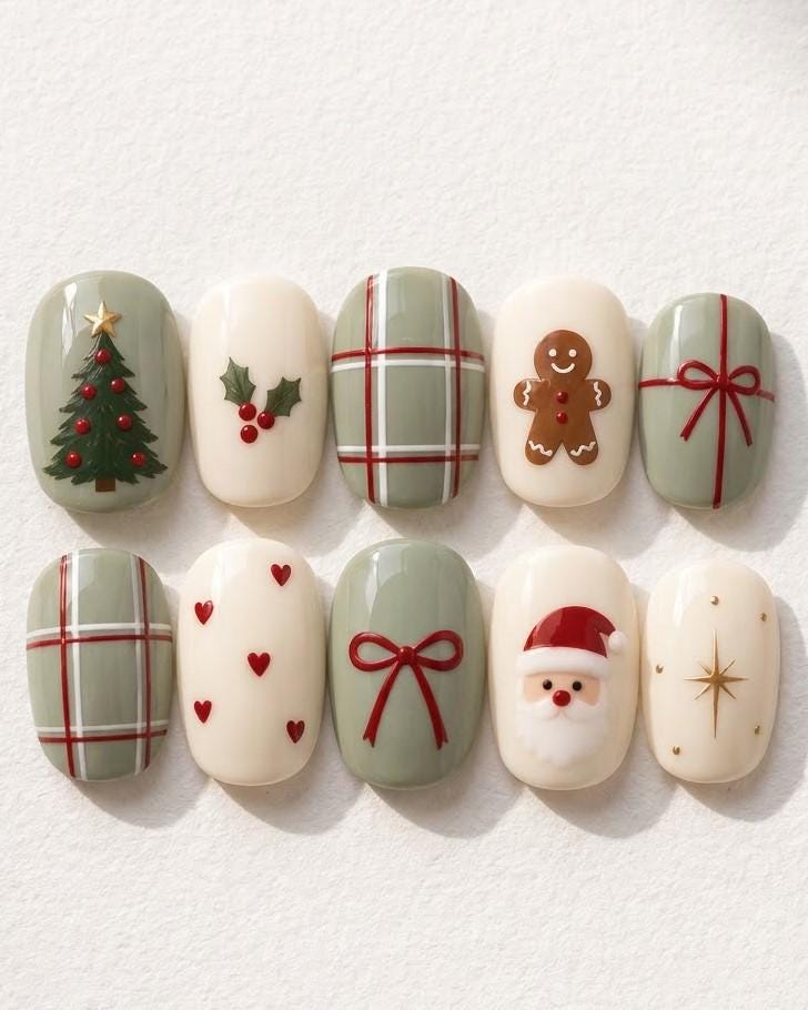 Sage Green and Cream Christmas Press On Nails with Plaid, Santa, Gingerbread and Bows