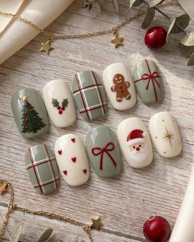 Sage Green and Cream Christmas Press On Nails with Plaid, Santa, Gingerbread and Bows