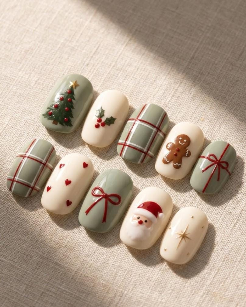 Sage Green and Cream Christmas Press On Nails with Plaid, Santa, Gingerbread and Bows