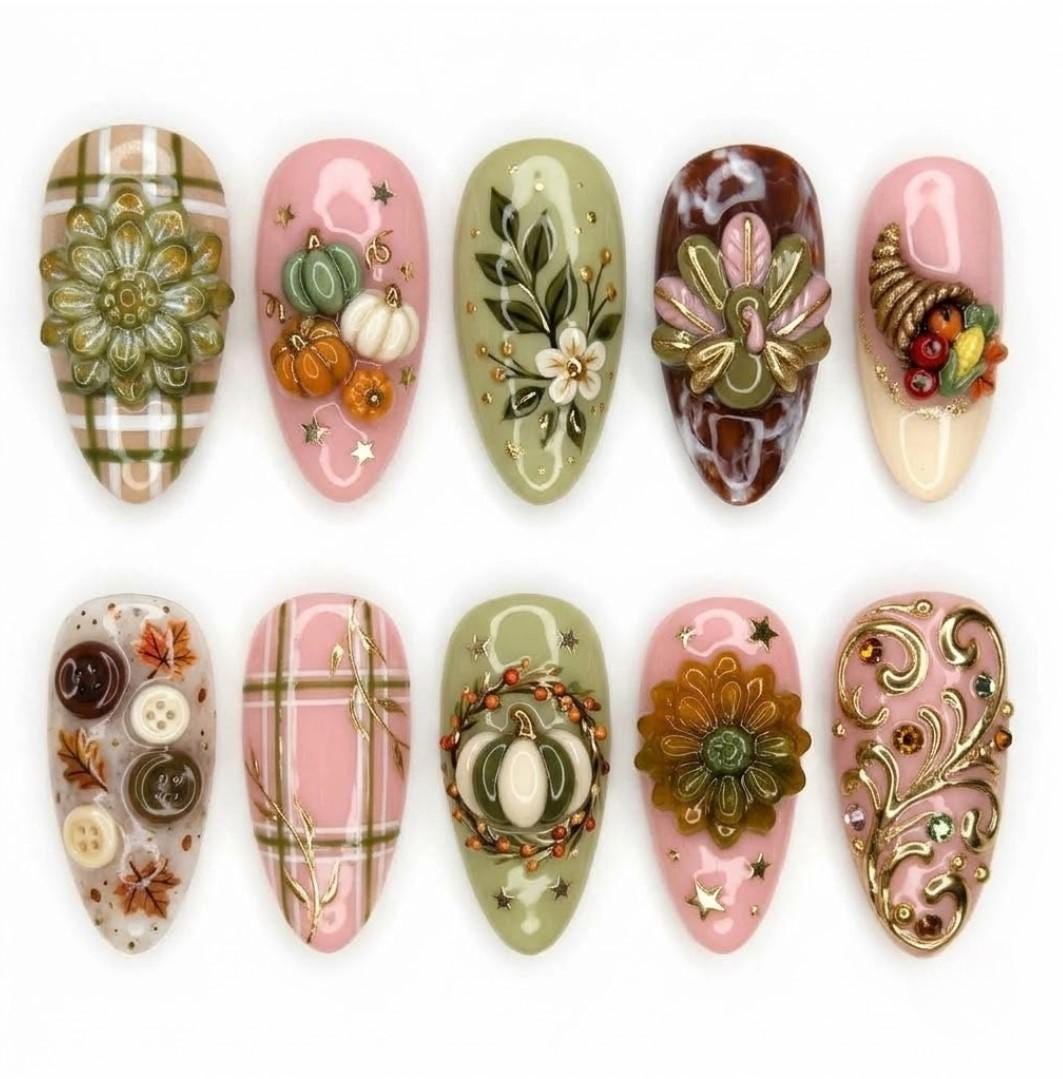 Sage Green and Dusty Pink Thanksgiving Nails With Plaid, Pumpkins and Sculpted Flowers