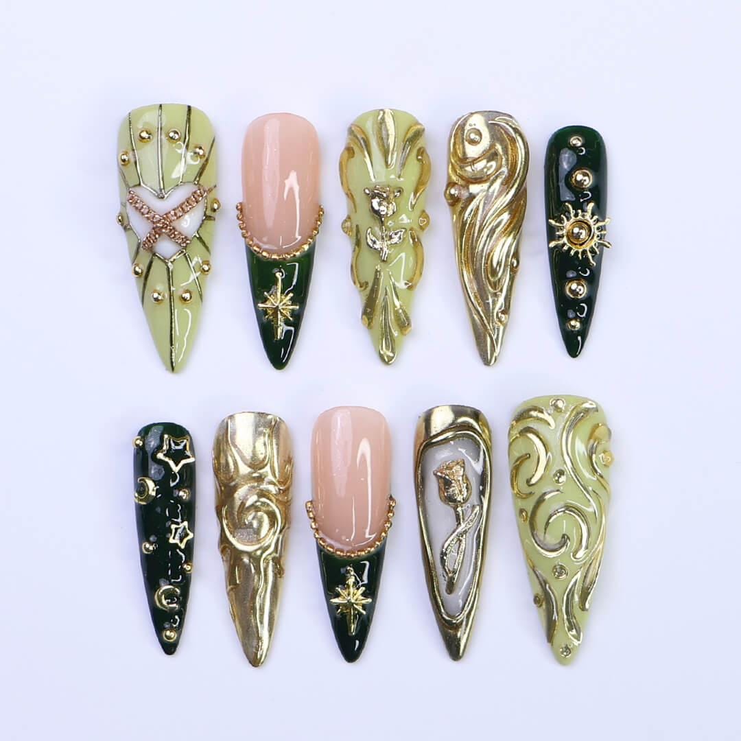 Sage Green and Emerald Baroque Press-On Nails with Gold Celestial Details