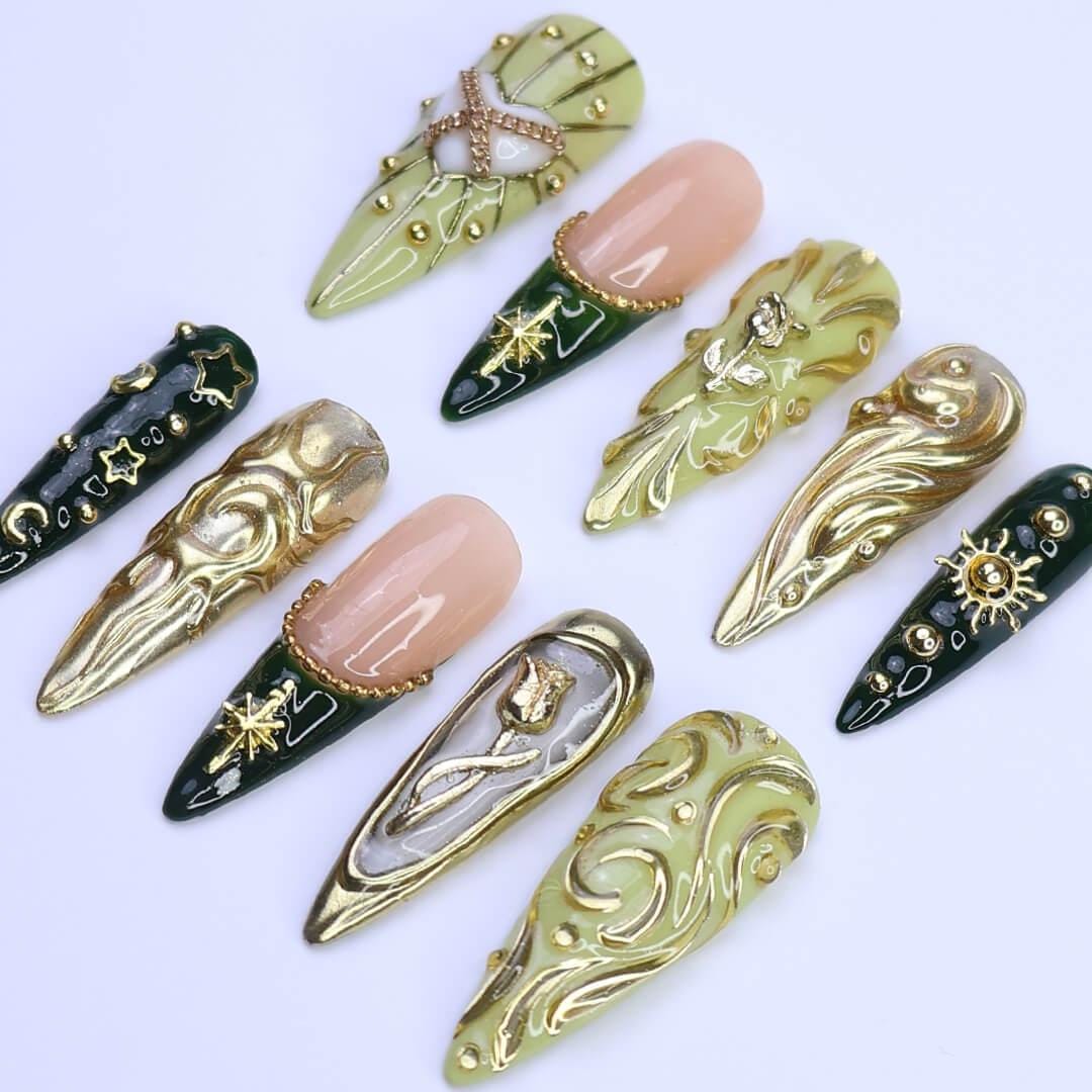 Sage Green and Emerald Baroque Press-On Nails with Gold Celestial Details