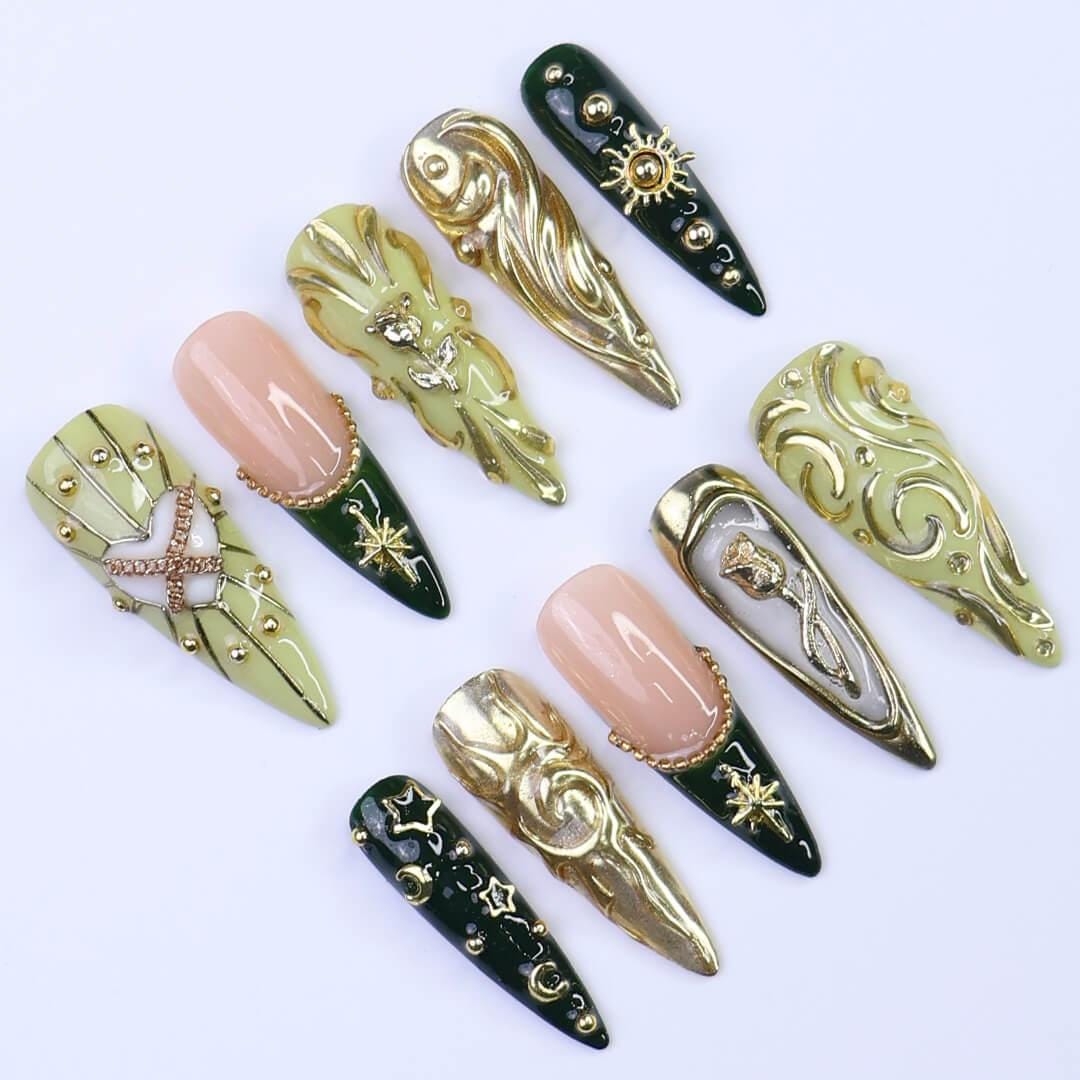 Sage Green and Emerald Baroque Press-On Nails with Gold Celestial Details