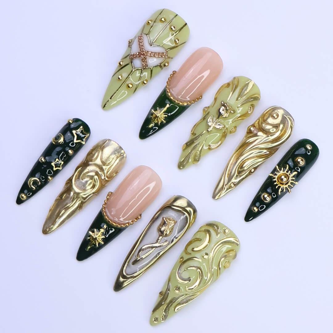 Sage Green and Emerald Baroque Press-On Nails with Gold Celestial Details