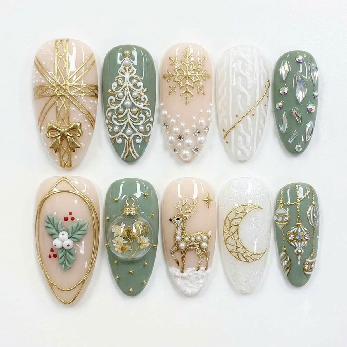 Sage Green and Ivory Christmas Nails with Cable Knit, Gold Reindeer and 3D Bows