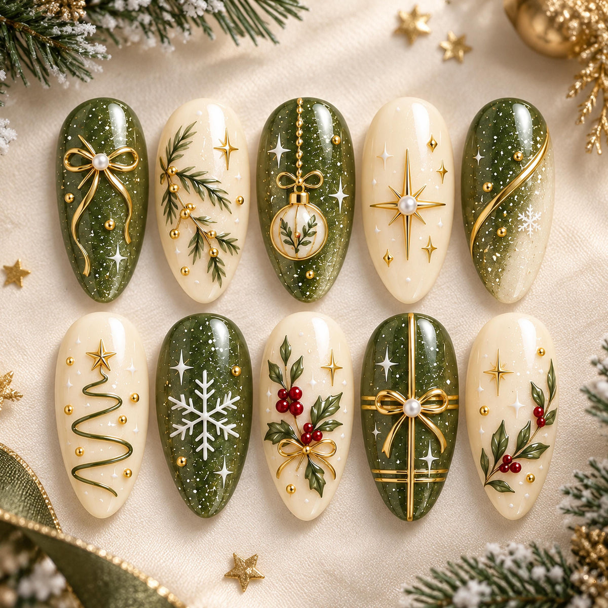Sage Green and Ivory Christmas Nails With Gold Bows, Holly and Glitter